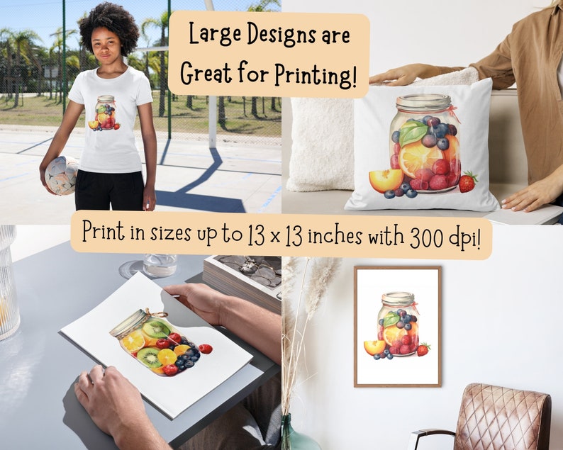 May include: A watercolor illustration of a mason jar filled with fruit and berries. The jar is surrounded by a peach slice, blueberries, and a strawberry. The image is printed on a white background and is suitable for printing up to 13 x 13 inches at 300 dpi.