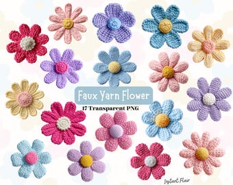 Faux Yarn Flower PNG Bundle | Crochet Flower Clipart | Cozy Knit Floral Graphics (Digital Download)