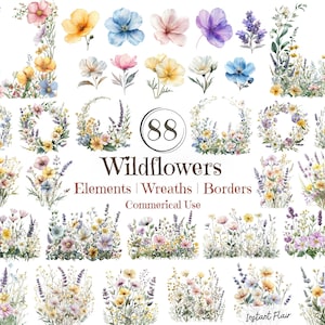 Pacote com 88 clipart de flores silvestres – 31 elementos, 16 bordas, 41 guirlandas – PNG – Uso comercial – Download instantâneo