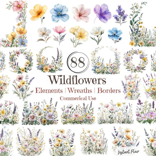 Paquete de imágenes prediseñadas de flores silvestres: coronas florales rústicas, bordes y elementos (PNG, uso comercial)