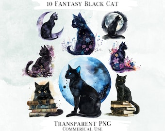 Fantasy Black Cat Watercolor Clipart, Transparent PNG (Commercial Use)