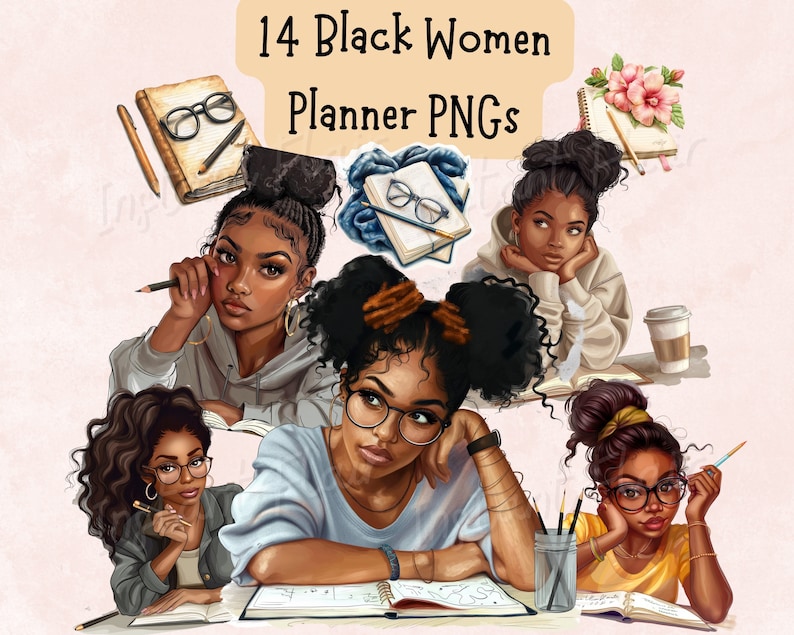 May include: Digital planner clipart featuring 14 illustrations of Black women with glasses, books, and pencils.  The illustrations are in a cartoon style and are perfect for adding a touch of diversity to your planner.