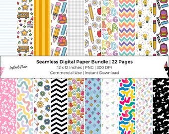 May include: A collection of 22 seamless digital paper patterns featuring school-themed motifs like yellow buses, pencils, backpacks, light bulbs, alphabet letters, math symbols, and colorful geometric shapes, presented in a 12 x 12 inch format.