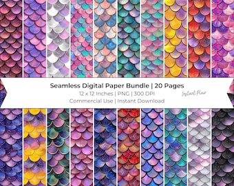 Watercolor Mermaid Scales Digital Paper: 20 Page Printables (Instant Download)