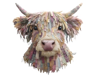 Patchwork Highland Cow Clipart, Shabby Chic Farm Animal Graphic (Digital Download)