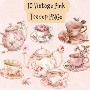 Pacchetto di clip di tazze da tè rosa vintage con acquerello, disegni PNG trasparenti, immagini decorative, disegni digitali per uso commerciale