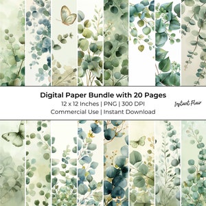 Eucalyptus Watercolor Digital Paper: 20 Pages Collage Sheets and Junk Journal Printables, Commerical Use, Instant Download