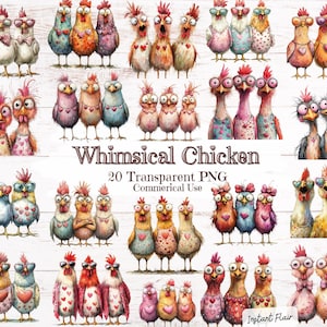 Clipart de frango caprichoso, arte engraçada de frango, design PNG digital, decoração de fazenda peculiar, presente para amantes de frango