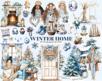 May include: Watercolor illustration with a winter home theme. Features a fireplace, Christmas tree, snowman, and various winter-themed elements in blue and white. Includes the text "Winter Home" and "Merry Christmas".