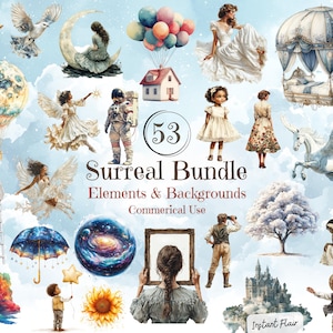 以下が含まれることがあります： 空想的なシュールな要素を特徴とする、水彩画風の53枚の画像からなるデジタルイラストのバンドル。画像には、ユニコーン、熱気球、銀河、ひまわり、月、家、はしご、虹、雲、木、女の子、男の子、宇宙飛行士、鳥、傘などが含まれています。