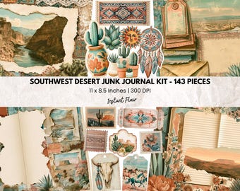 May include: A Southwest desert junk journal kit containing 143 pieces, measuring 11 x 8.5 inches. The collection features paper ephemera, including canyon landscapes, cacti in pots, a sun illustration, a dreamcatcher, and a cow skull with feathers.