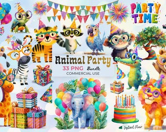 Animal Party Clipart Bundle, Birthday Animal PNG Graphics (Digital Download)
