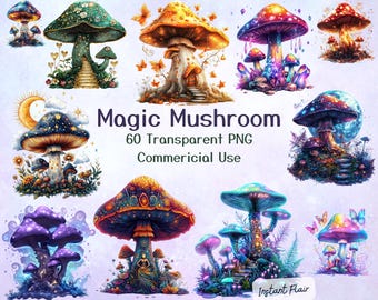 60 Magic Mushroom Clipart Bundle – Transparent PNG – Commercial Use – Instant Download
