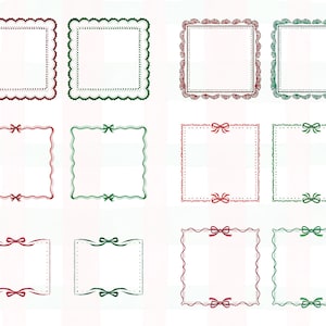 Puede incluir: Una colecci&oacute;n de doce marcos cuadrados en rojo y verde. Los marcos presentan varios bordes decorativos, incluyendo bordes festoneados, l&iacute;neas punteadas y lazos de cinta. Los marcos est&aacute;n dispuestos en un patr&oacute;n de cuadr&iacute;cula sobre un fondo blanco.