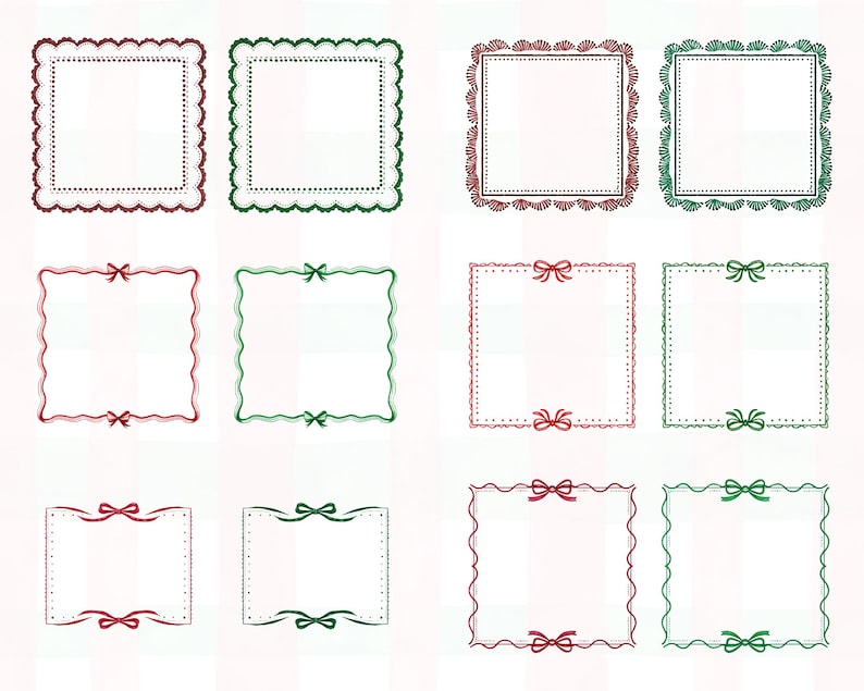 Puede incluir: Una colecci&oacute;n de doce marcos cuadrados en rojo y verde. Los marcos presentan varios bordes decorativos, incluyendo bordes festoneados, l&iacute;neas punteadas y lazos de cinta. Los marcos est&aacute;n dispuestos en un patr&oacute;n de cuadr&iacute;cula sobre un fondo blanco.