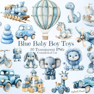 Clipart de 20 juguetes azules para bebé niño – PNG transparente – Uso comercial – Descarga instantánea