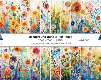 Digitaal aquarelpapier met abstracte bloemen: collagevellen van 20 pagina's (digitale download)