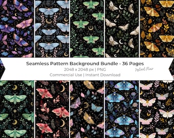 Moth Seamless Pattern Background Bundle – 36 Dark Academia Moon PNG, Witchy Botanical Background Pack