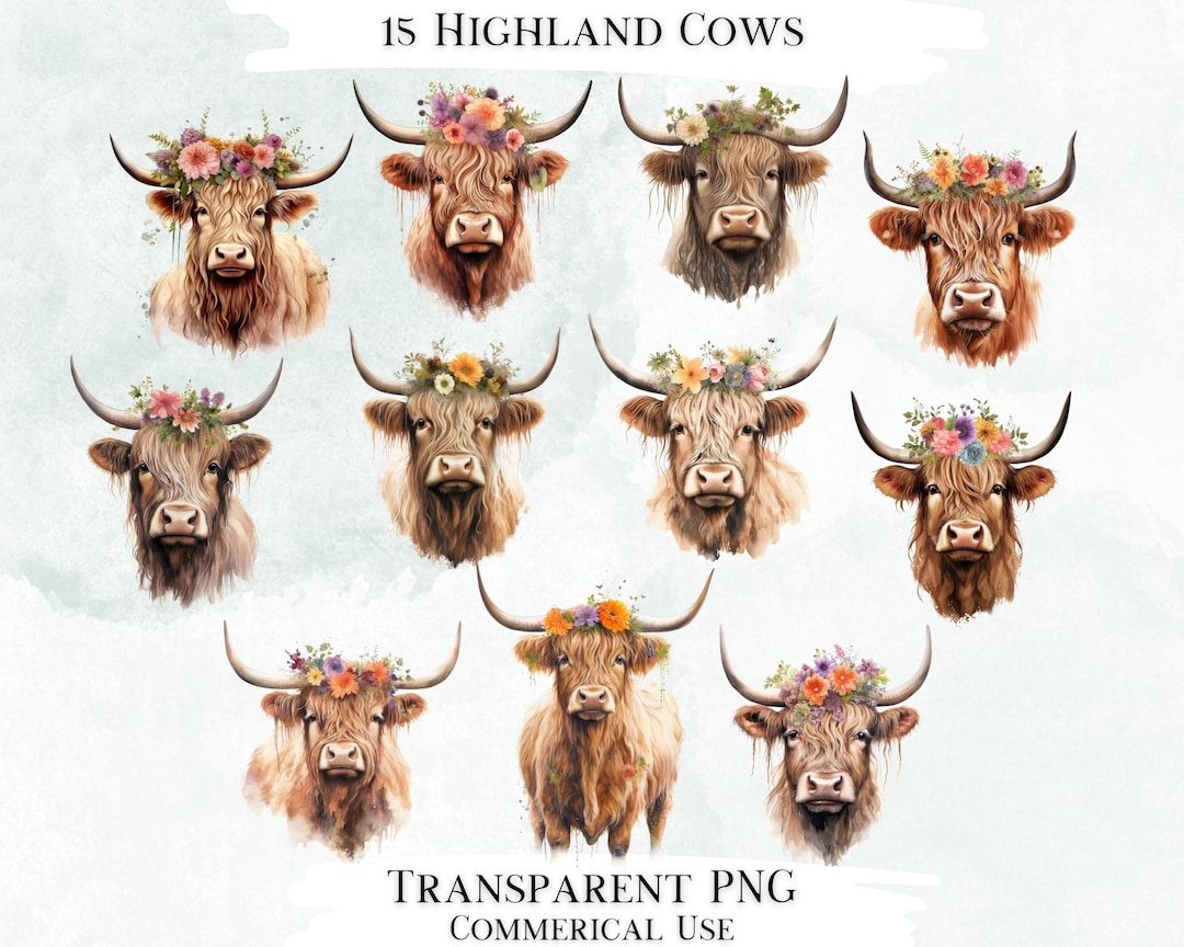 Watercolor Highland Cow With Flower Crown, 15 PNG Clipart (digital ...