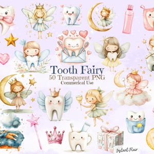 50 cliparts de fée des dents, aquarelle personnages de fées, mignons dessins au format PNG pour les enfants, téléchargement numérique pour travaux manuels