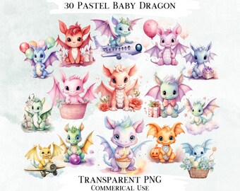 Pastell Baby Drache Aquarell Clipart Bundle, kommerzielle Nutzung (PNG)