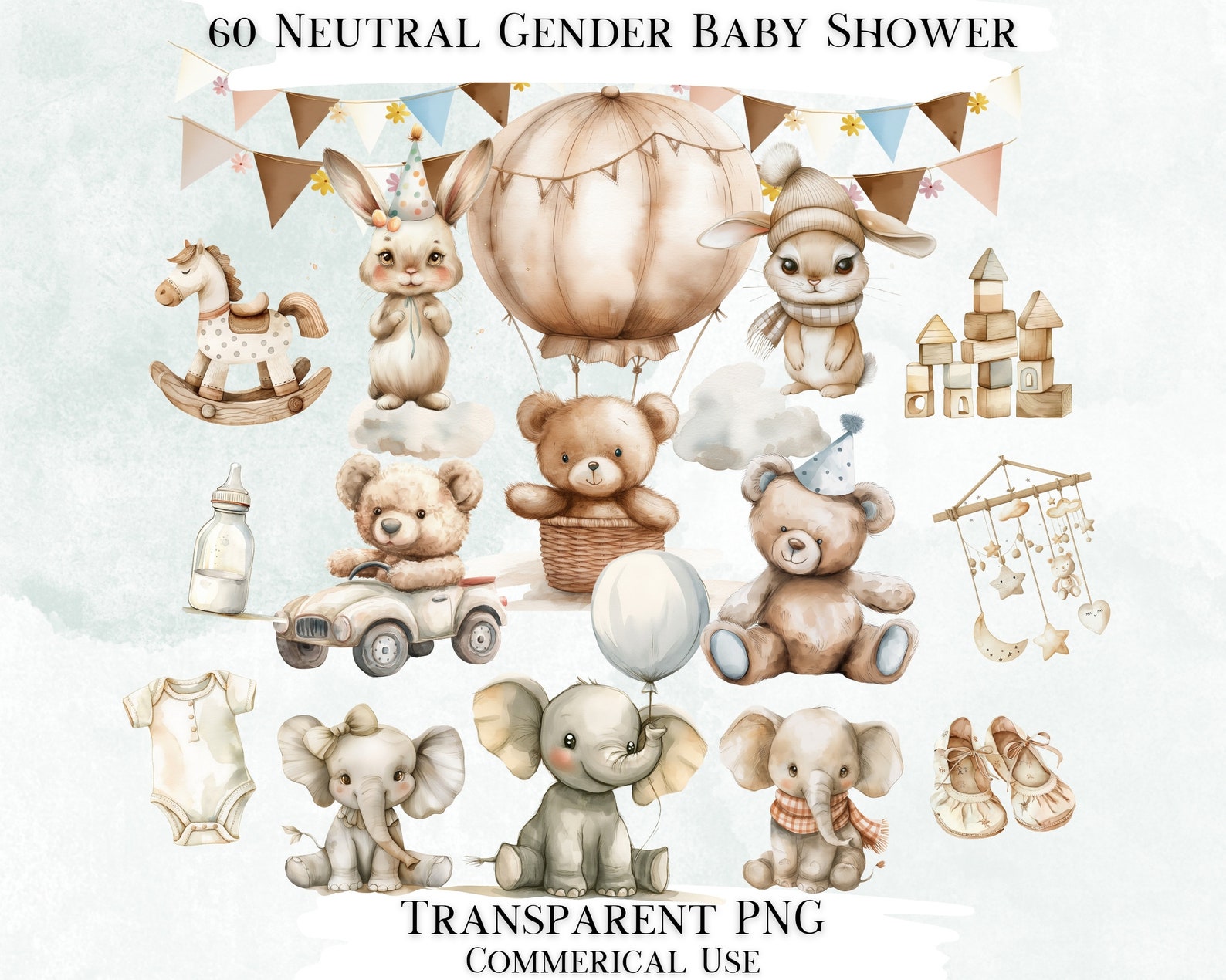 Gender Neutral Baby Shower Clip Art Bundle, 60 Transparent PNG Designs