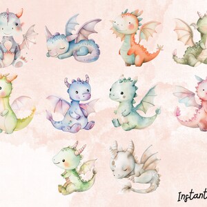 May include: A set of ten watercolor illustrations of cute cartoon dragons in various colors, including green, blue, pink, orange, and purple. Each dragon has a unique expression and pose, with some sleeping, flying, or standing.