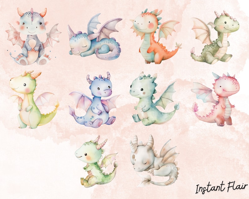 May include: A set of ten watercolor illustrations of cute cartoon dragons in various colors, including green, blue, pink, orange, and purple. Each dragon has a unique expression and pose, with some sleeping, flying, or standing.