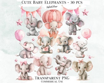 Aquarell Baby Elefant Clipart, PNG Grafik (Digital)