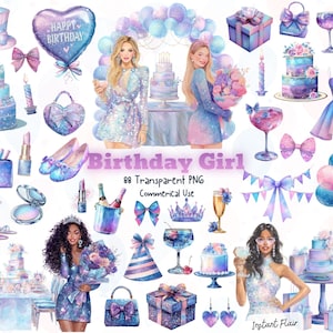Birthday Woman Clipart Bundle – 88 Glitter Watercolor PNGs (Pink, Blue & Purple)