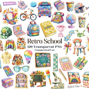 120 Retro School Clipart – Big Bundle – Transparent PNG – Commercial Use – Instant Download