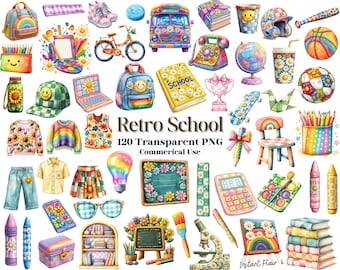 120 Retro School Clipart – Big Bundle – Transparent PNG – Commercial Use – Instant Download