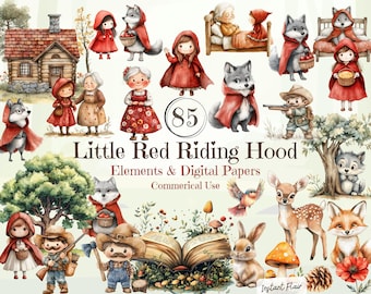 May include: A set of 85 digital illustrations and papers featuring a watercolour style Little Red Riding Hood theme. The illustrations include a wolf, a deer, a fox, a rabbit, a bird, a book, a cabin, a bed, and various characters wearing red hooded cloaks.