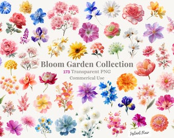 Bloom Garden Clipart Bundle, Watercolor Flower Graphics PNG (Digital Download)