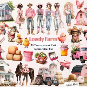 Clipart de una encantadora granja: 73 animales y elementos de granja con temática rosa (paquete PNG)