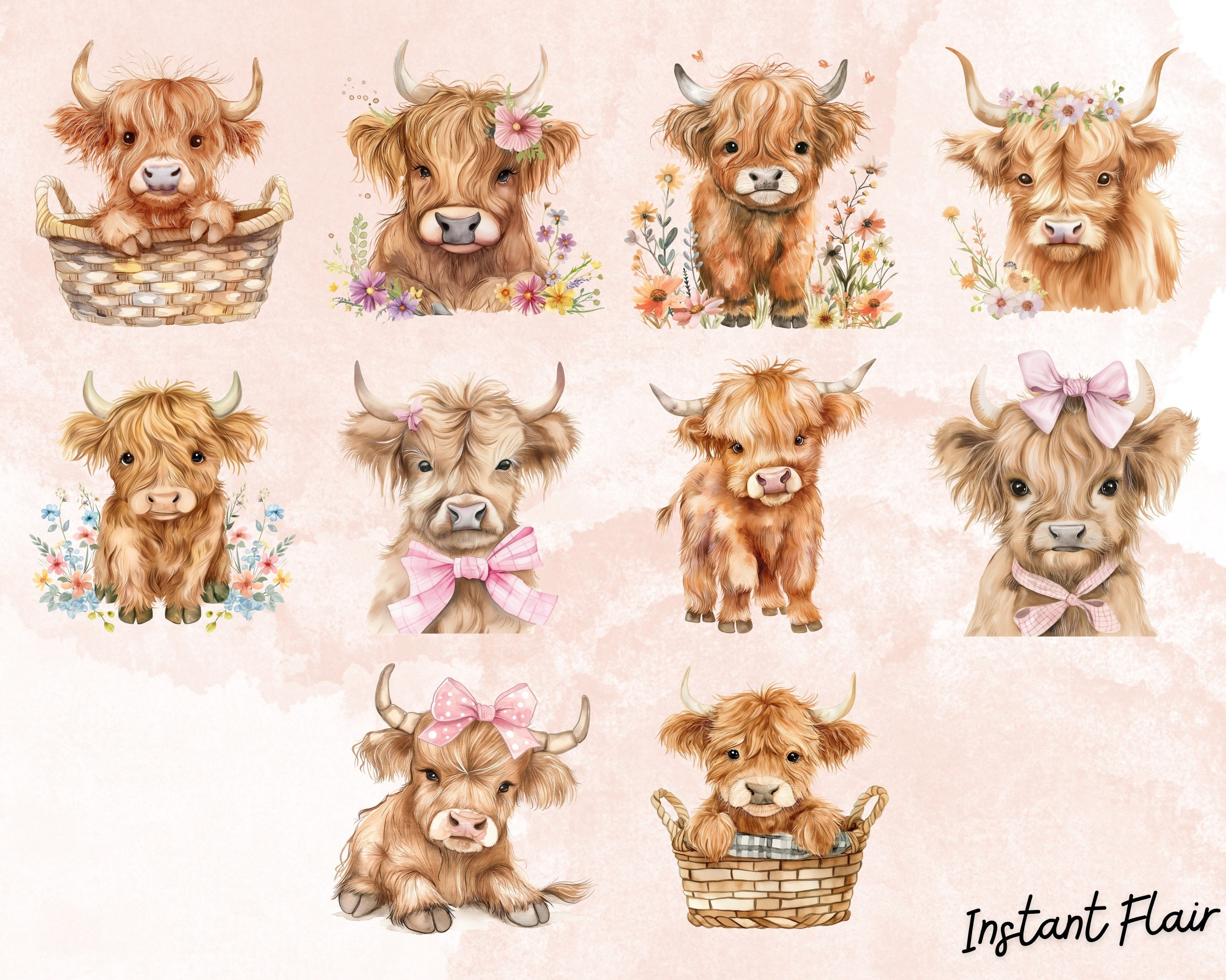 Watercolor Baby Highland Cow Clipart, 20 PNG Graphics (digital Download ...