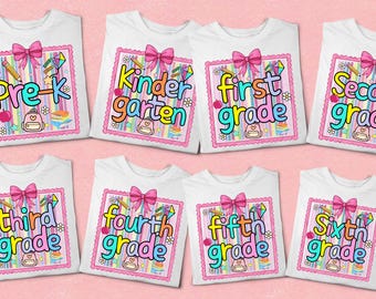 May include: Eight white t-shirts featuring a colorful graphic design with a pink bow, school supplies, and text indicating grade levels from Pre-K to Sixth Grade. The design includes a striped background, a backpack, and a stack of books.