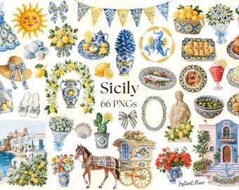May include: A digital collection of 66 watercolor illustrations featuring Sicilian-themed elements including a sun, lemons, ceramic vases, a horse-drawn cart, coastal architecture, floral arrangements, Mediterranean food, and patterned textiles.