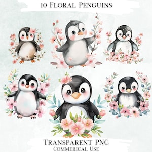 Paquete de imágenes prediseñadas de pingüinos con motivos florales, 10 diseños PNG transparentes, imágenes decorativas, diseños digitales para uso comercial