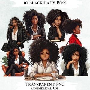 Black Lady Boss Clip Art Bundle, 10 Transparent PNG Designs, Decorative Images, Digital Designs for Commercial Use