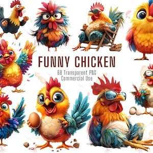 Pacchetto di clipart di pollo divertente - Polli dei cartoni animati umoristici - Download digitale per l'artigianato - Set di 68 PNG