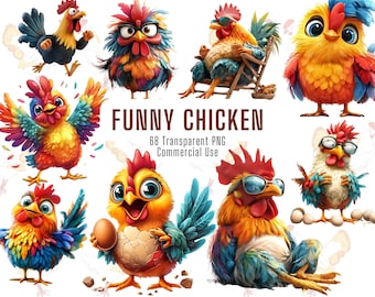 Funny Chicken Clipart Bundle – 68 Cartoon PNG Designs (Digital Download)