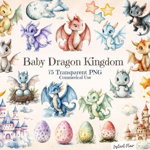 Baby Dragon Clipart, 75 Cute Watercolor PNG, Fantasy Art for Kids, Digital Download, Nursery Decor, Commercial Use