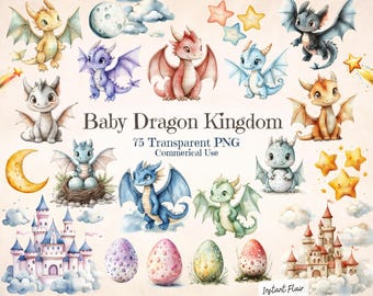 May include: A set of 75 watercolor illustrations featuring cute baby dragons, stars, moons, eggs, and castles. The illustrations are perfect for creating digital or printed designs for children's products.