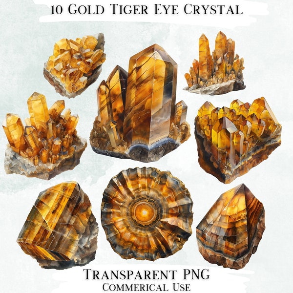 Gold Tiger Eye Crystal Clip Art Bundle, 10 Transparent PNG Designs, Decorative Images, Digital Designs for Commercial Use