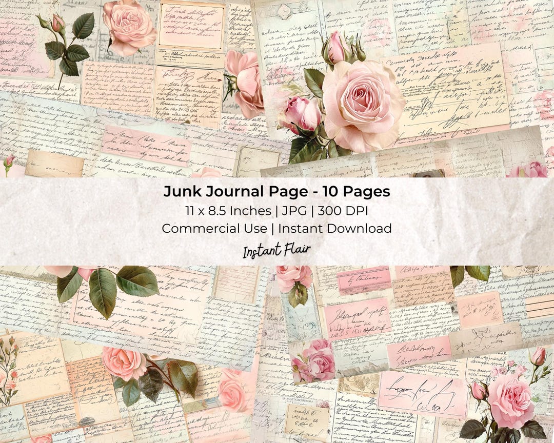 Roses and Script Junk Journal Paper: Digital Collage Sheets (digital ...