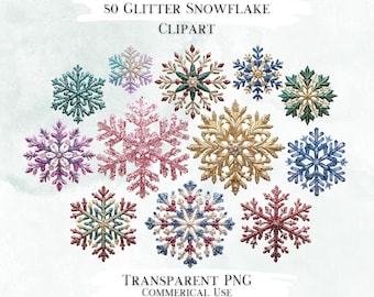Glitter snöflinga clipart-paket, transparent PNG-grafik (digital nedladdning)