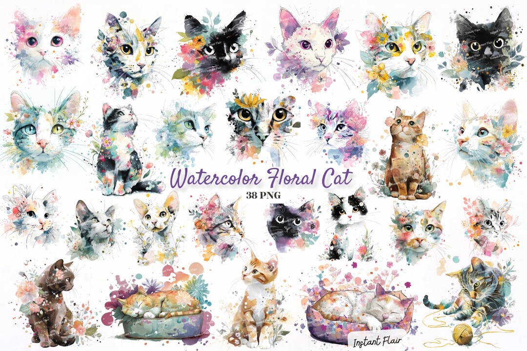 Floral Cat Watercolor Clipart Bundle | Whimsical Kitty PNG Set (digital ...