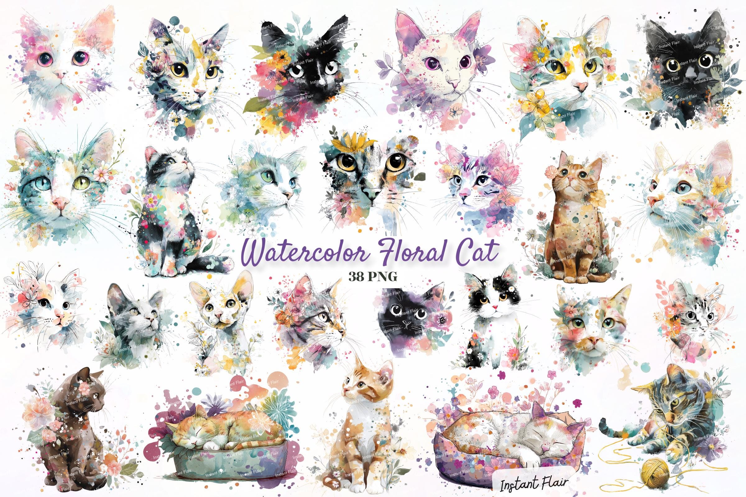 Floral Cat Watercolor Clipart Bundle | Whimsical Kitty PNG Set (digital ...