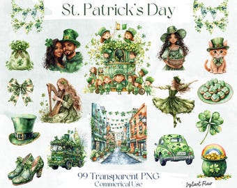 St. Patrick's Day 99 Piece Clipart Bundle - Watercolor Shamrock - Lucky Leprechaun - Digital Download